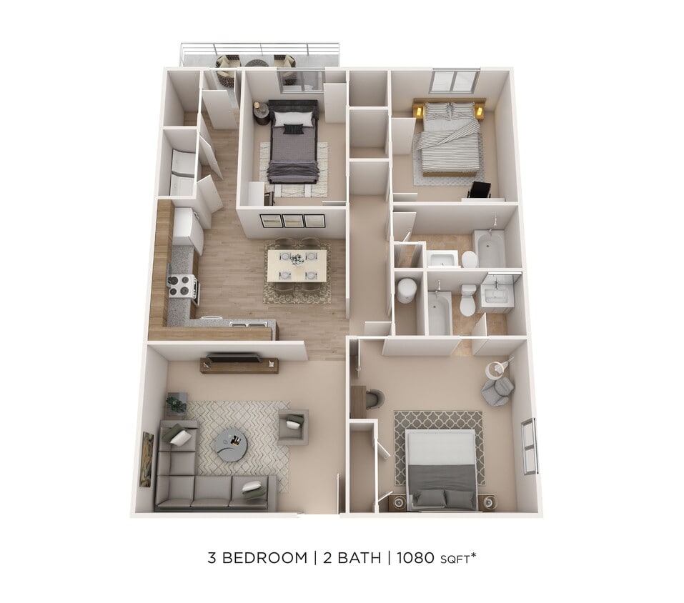 Floor Plan - Three Bedroom 2 Bath- 1080 sqft