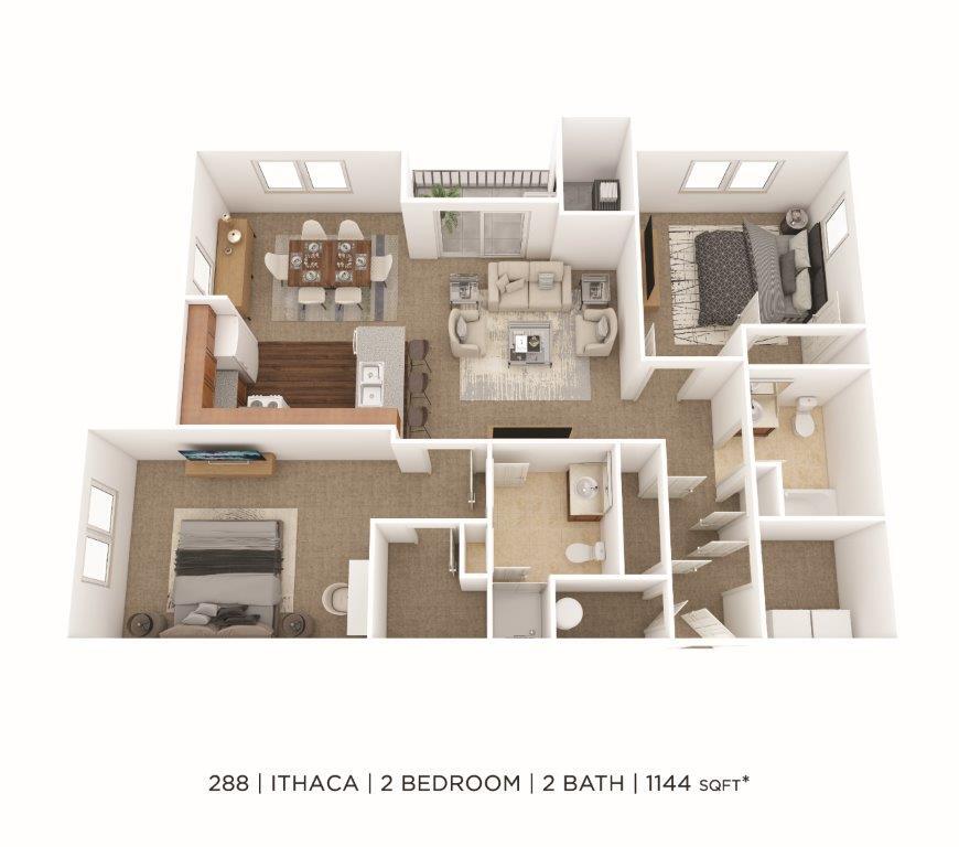 Floor Plan - Two Bedroom 2 Bath- 1,144 sqft - Ithaca