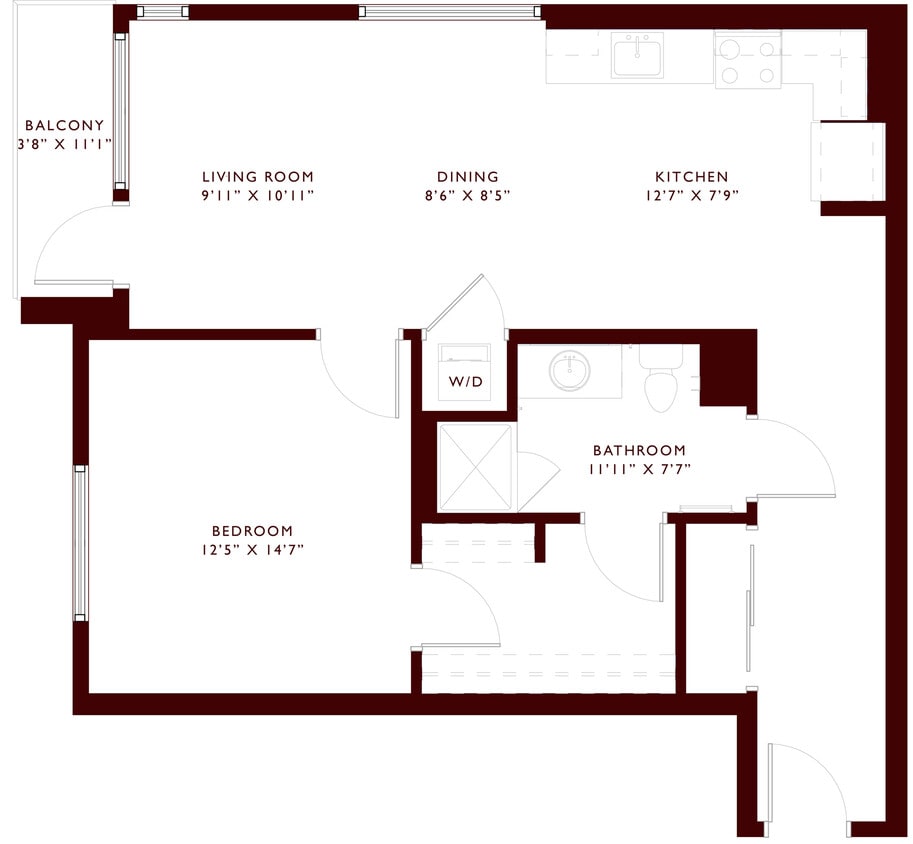 Explore this elegant one-bedroom apartment layout with a chic balcony and open-concept living and dining space. - A11