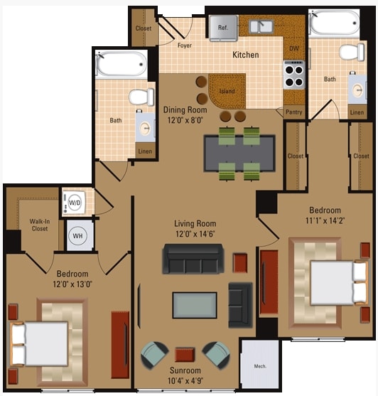 Floor Plan - 2 Bedroom, 2 Bath - B2