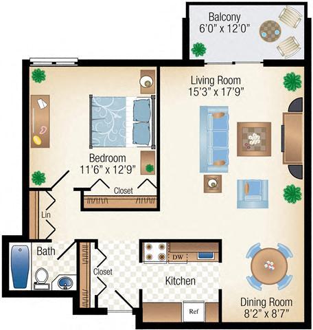 Floor Plan - 1Bed 1Bath High-Rise 625 sf