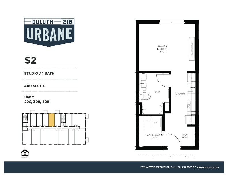 Urbane218 S2 (A) Floor Plan - S2 - Studio / 1 Bath Income Restricted - 60%