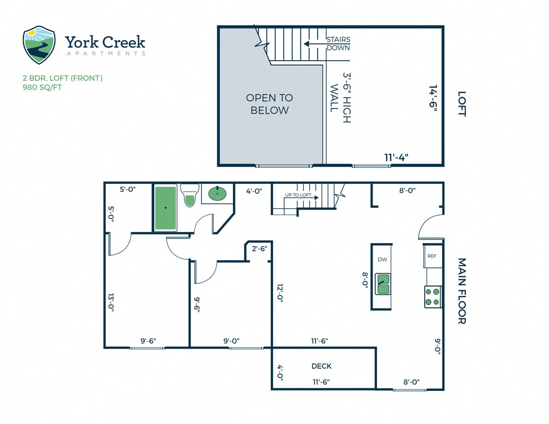 Floor Plan - 2 Bed, 1 Bath Loft - 980 sq ft
