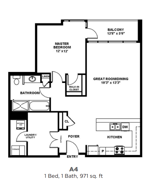 Floor Plan - A4 - One Bedroom One Bath