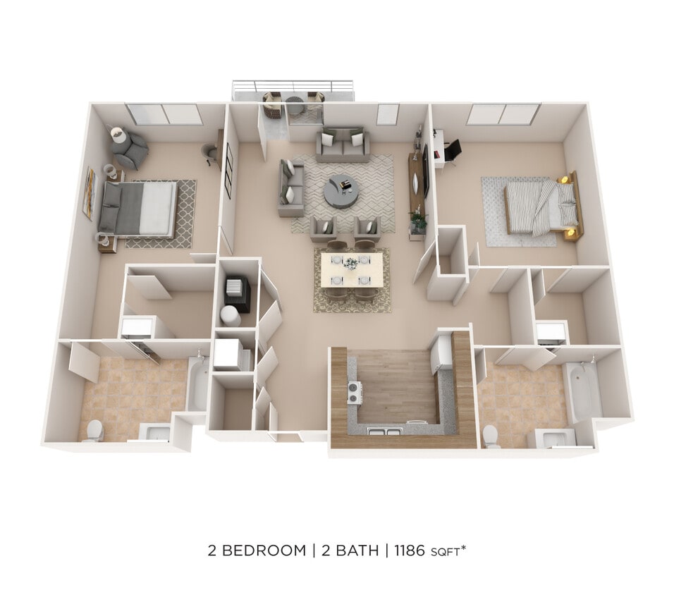 Floor Plan - Two Bedroom 2 Bath- 1186 sqft