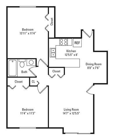 Floor Plan - 2 Bed 1 Bath A