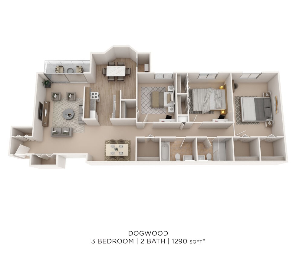 Floor Plan - Three Bedroom 2 Bath - 1,290 sqft