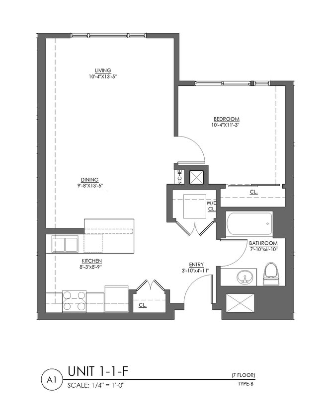 Floor Plan - 1 Bed 1 Bath - 714 sqft