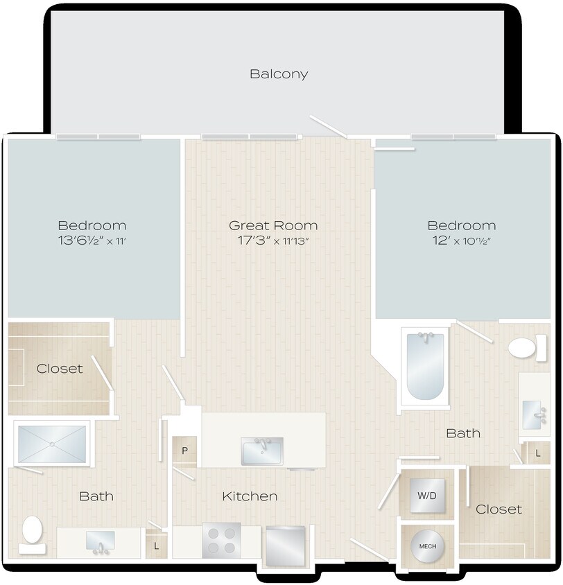 Quake Floor Plan 2 bedrooms 2 baths with large balcony 1,075 sq ft - Quake