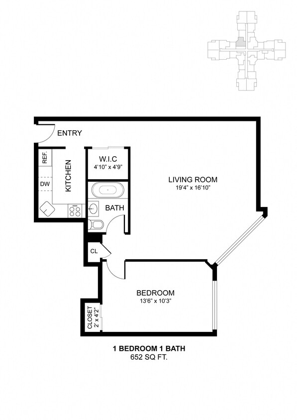 Floor Plan - 1 Bdrm 652 Sq Ft