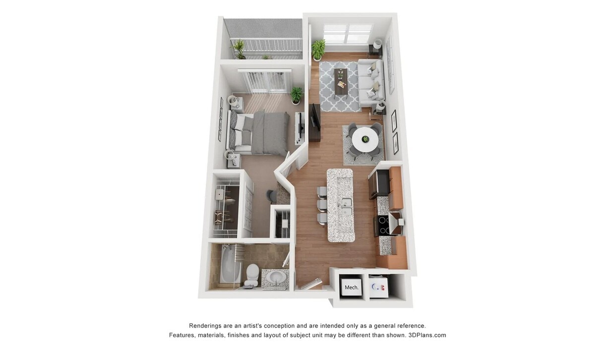 A 3D floor plan rendering of The Wisteria. - Wisteria