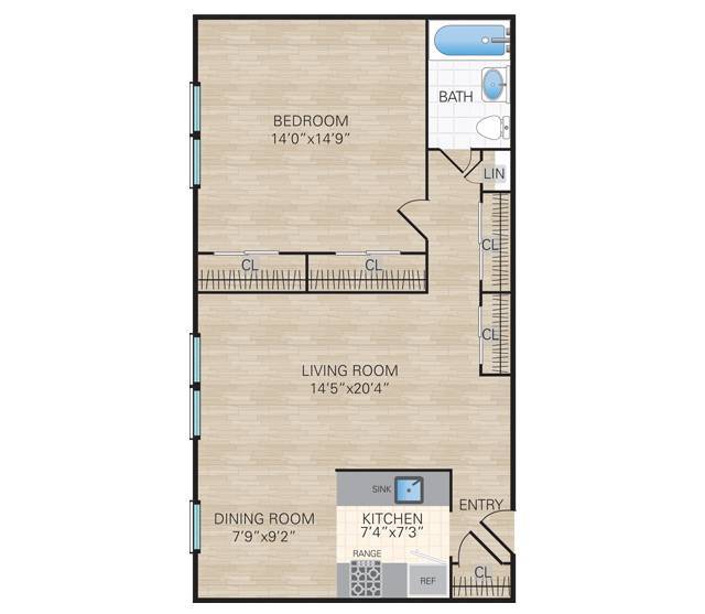 1 Bedroom, 1 Bath. 850 Sq. Ft. - 1 Bedroom, 1 Bath Large