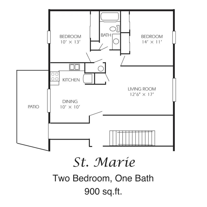 Martinique Floor Plan - St Marie 900 sq. ft..jpg - 2 Bed/1 Ba Standard Dn