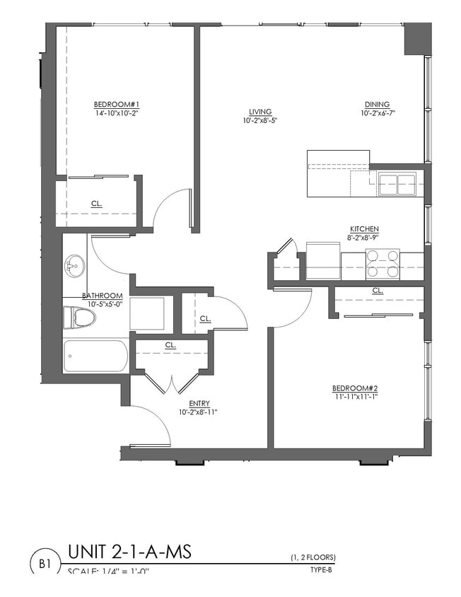 Floor Plan - 2 Bed 1 Bath - 897 sqft