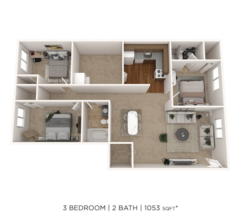 Floor Plan - Three Bedroom 2 Bath - 1,053 sqft