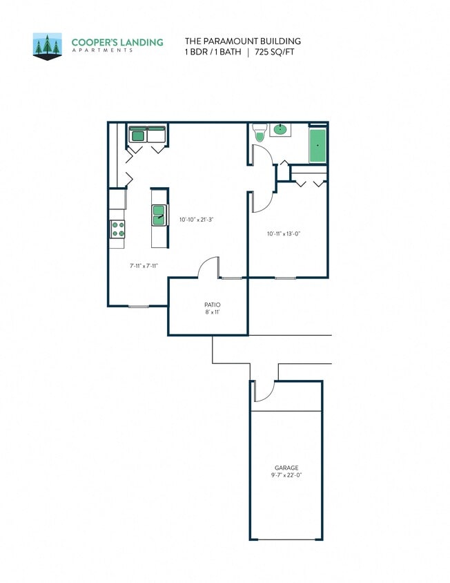 Floor Plan - 1 Bed, 1 Bath - 725 sq ft