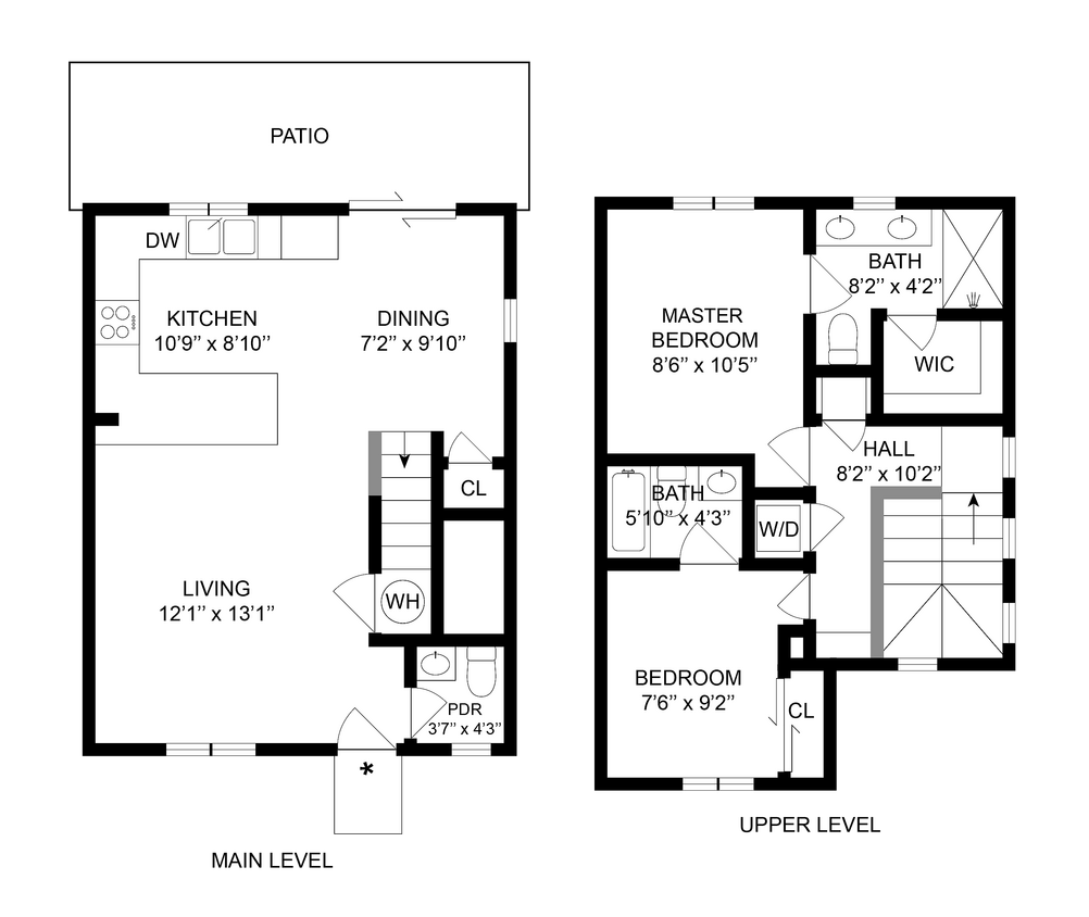 2 Bed Townhome A | 2-Bedroom Floorplan - 2 BR x 2.5 BA Townhome with Washer/Dryer - A