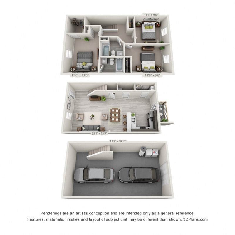 Floor Plan - 3 Bedroom, 2.5BA Townhome with drive under Garage