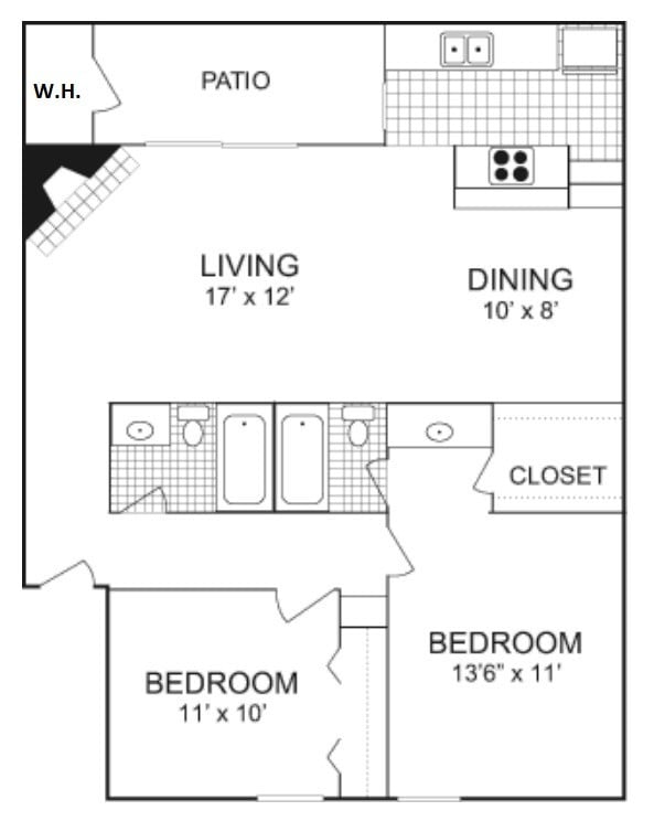 B2: two bed/two bath, 1,000 sq.ft. - B2