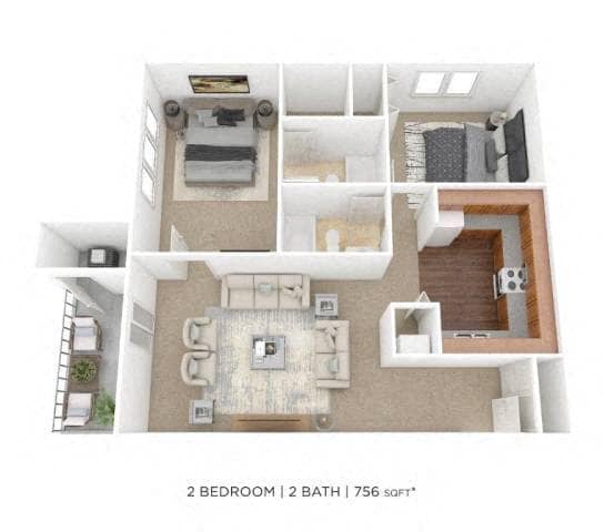 Floor Plan - Two Bedroom 2 Bath - 756 sqft