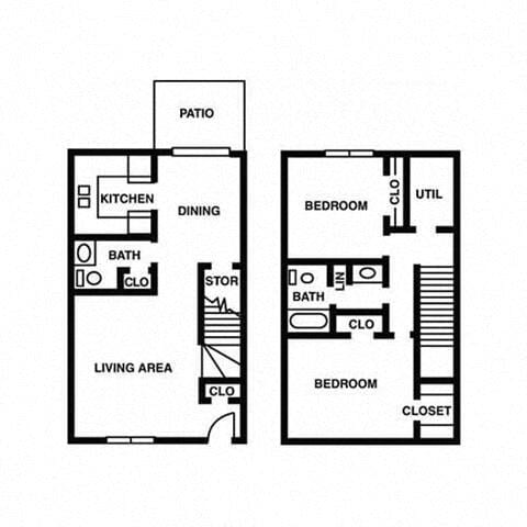Floor Plan - Two Bed 1.5 Bath Townhouse 