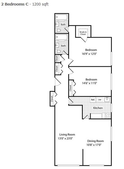 2 Bedrooms C - 1200 sqft Two Bed Two Bath