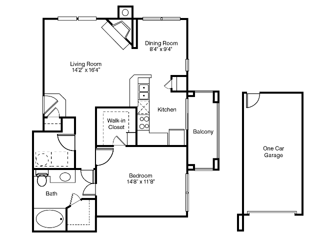 One bedroom, one bathroom with attached garage. - The Lausanne