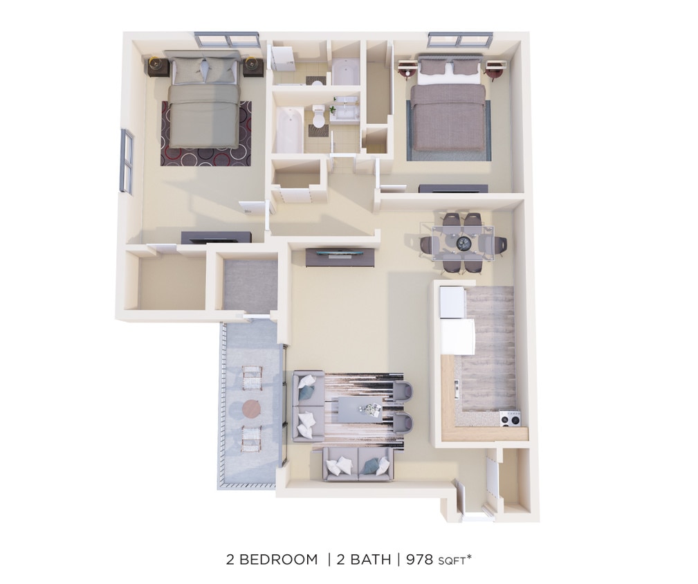 Floor Plan - Two Bedroom 2 Bath - 978 sqft