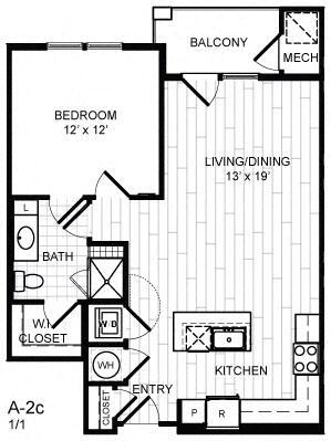 Floor Plan - 1 Bed, 1 Bath - A2c