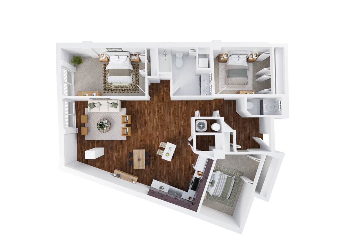 Two-Bedroom, One and 1/2-Bathroom with Den Floor Plan Rendering - 2x1.5 Den