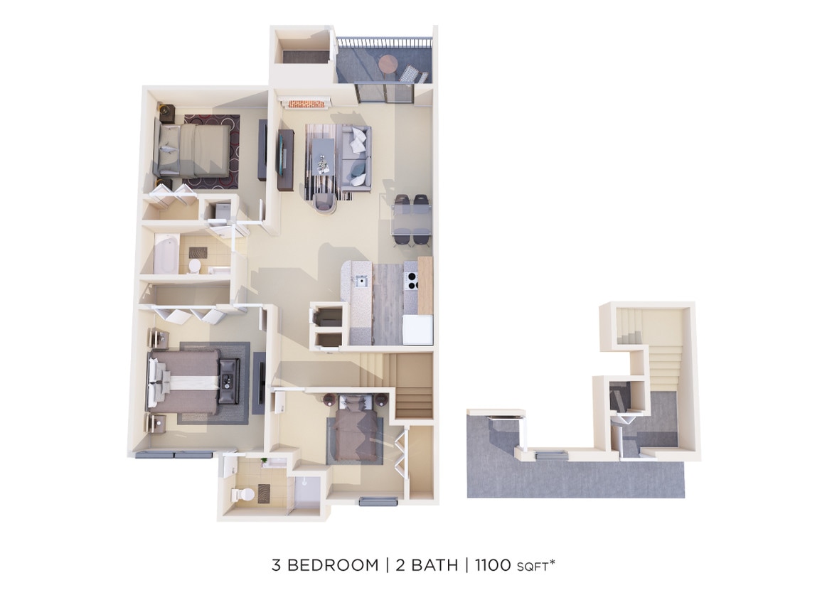 Floor Plan - Three Bedroom 2 Bath - 1,100 sqft