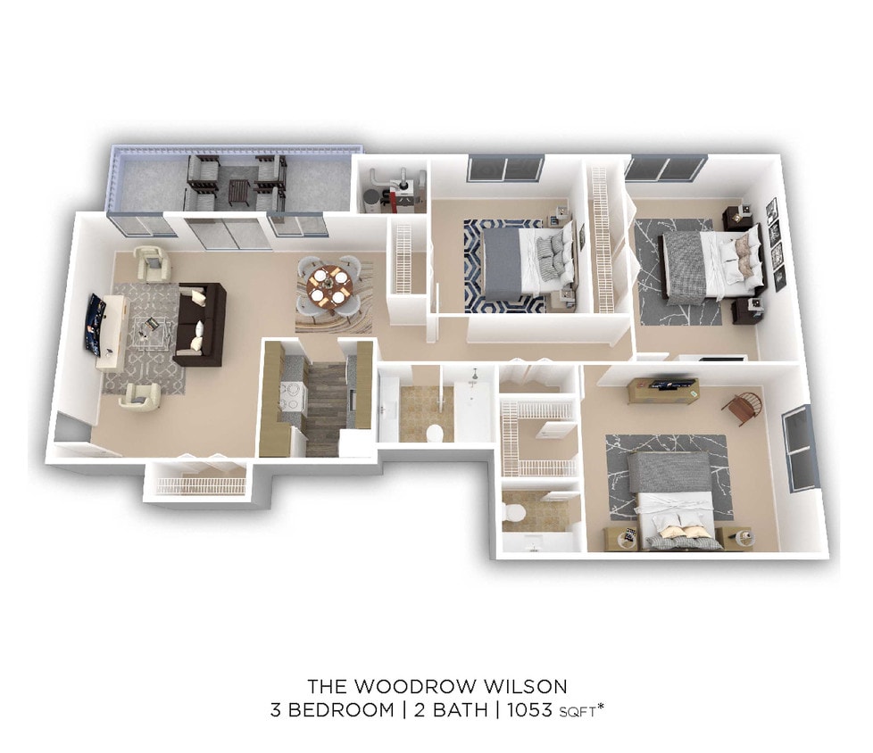 Floor Plan - Three Bedroom 1.5 Bath - 1,053 sqft