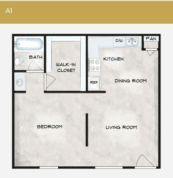 A1 Floor Plan - 1 Bedroom 1 Bathroom