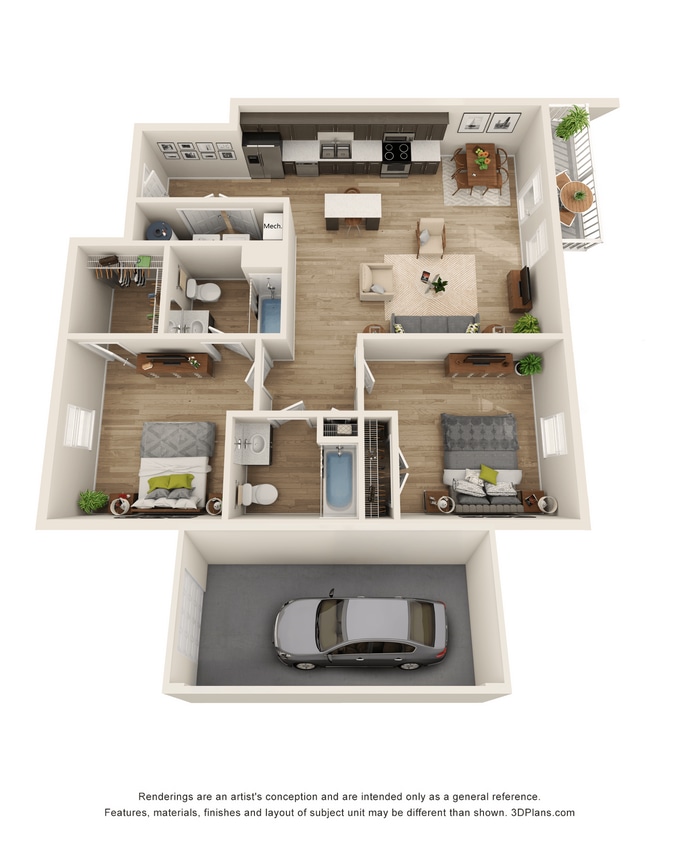 Floor Plan - 2 Bedroom, 2 BA with attached Garage
