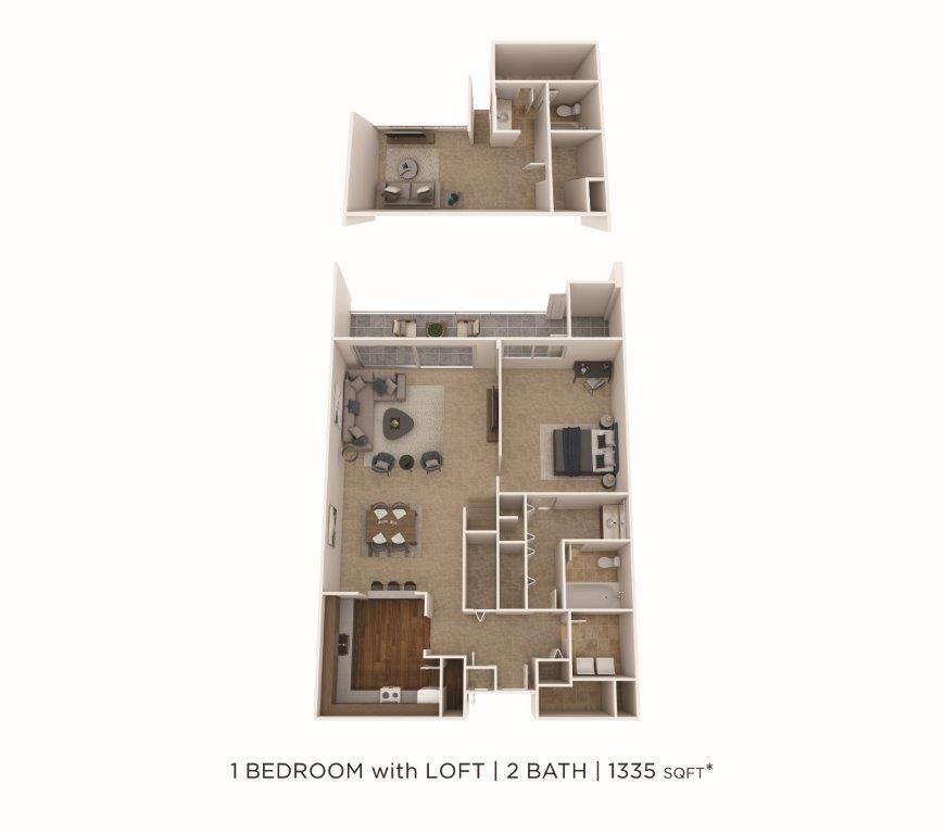 Floor Plan - One Bedroom 2 Bath w/ Loft - 1,335 sqft