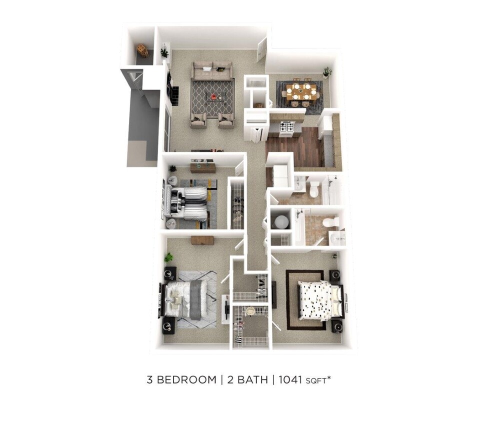 Floor Plan - Three Bedroom 2 Bath - 1,041 sqft