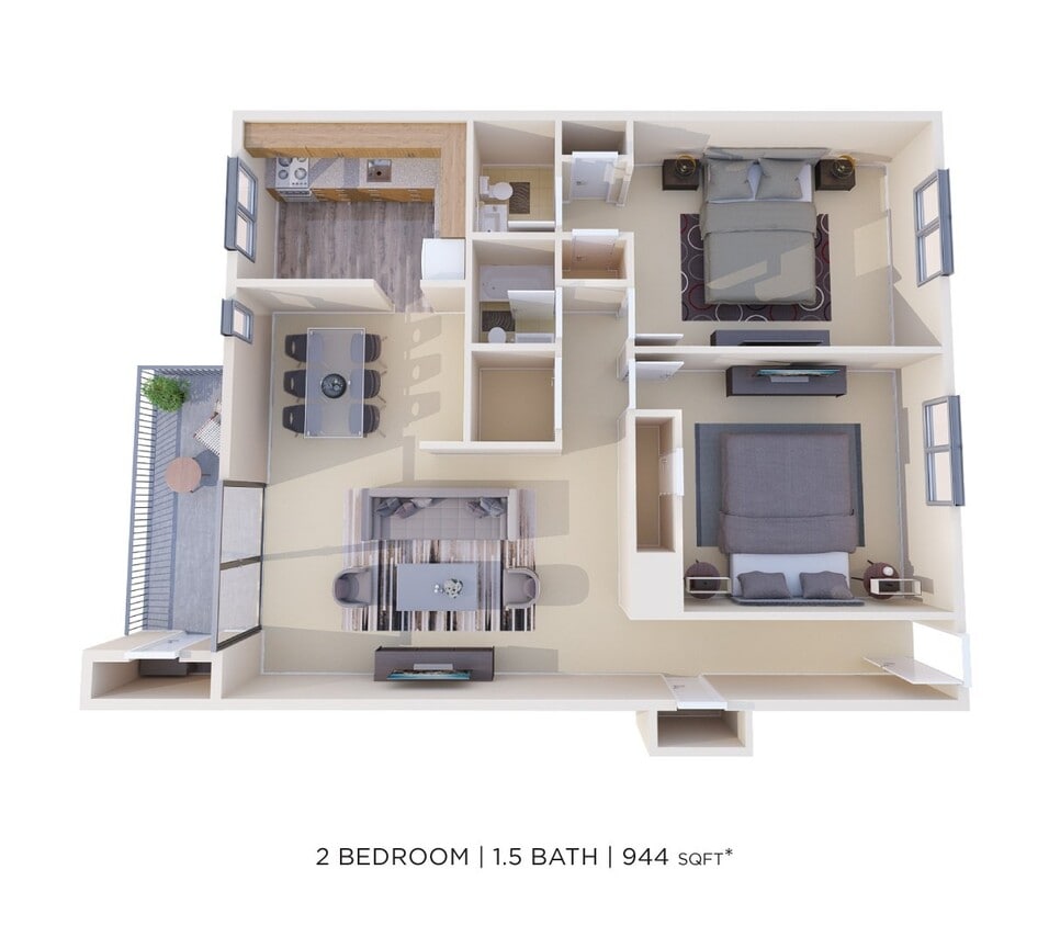 Floor Plan - Two Bedroom 1.5 Bath - 944 sqft