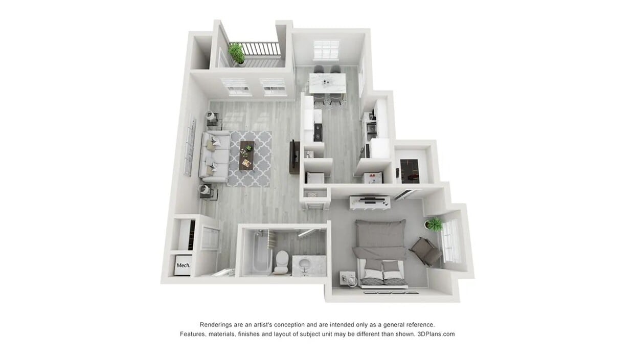 A 3D floor plan rendering of our one bedroom apartment - The St Charles