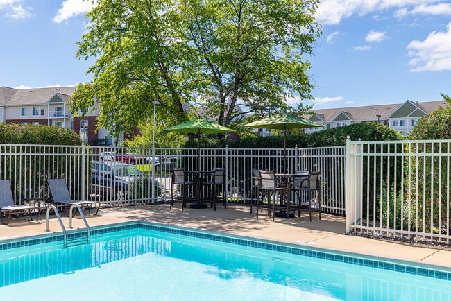 Inviting outdoor pool area with lounge chairs and shaded tables, surrounded by lush greenery and modern apartments. - Avana Maple Grove