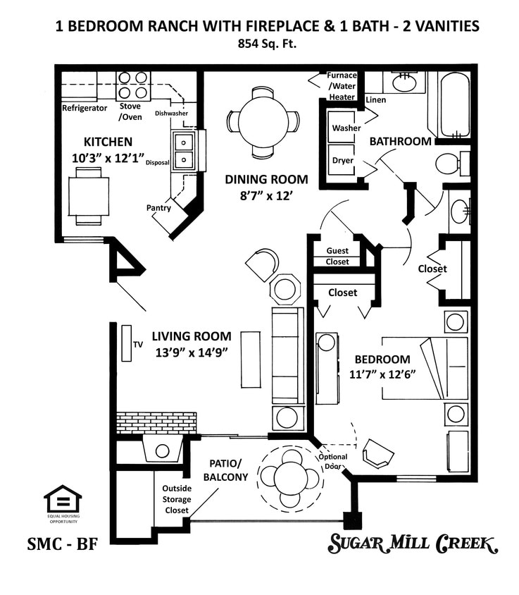 Floor Plan - BF-1 Bedroom/1 Bath w/Fireplace