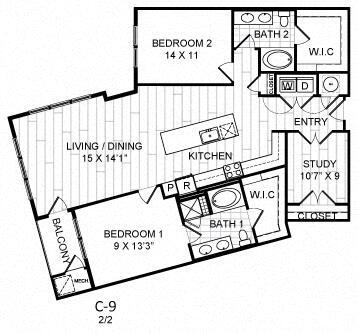 Floor Plan - 2 Bed, 2 Bath, Den - C9