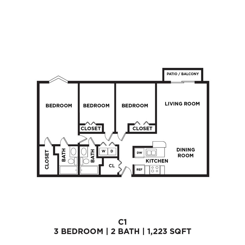 Floor Plan - Three Bed Two Bath 1223 Sqft