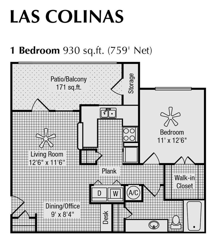 Floor Plan - 1 Bed 1 Bath 930 SqFt (759 Net)