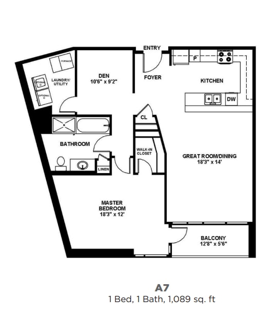 Floor Plan - A7 - One Bedroom  with Den One Bath