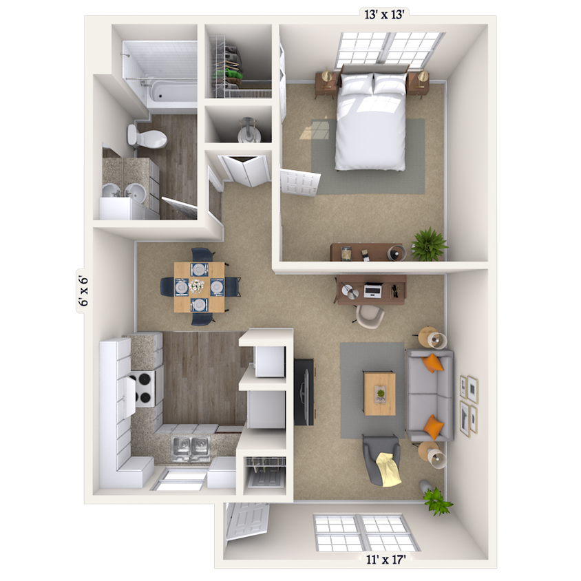 Floor Plan - 1BR 1BA (677 SF)