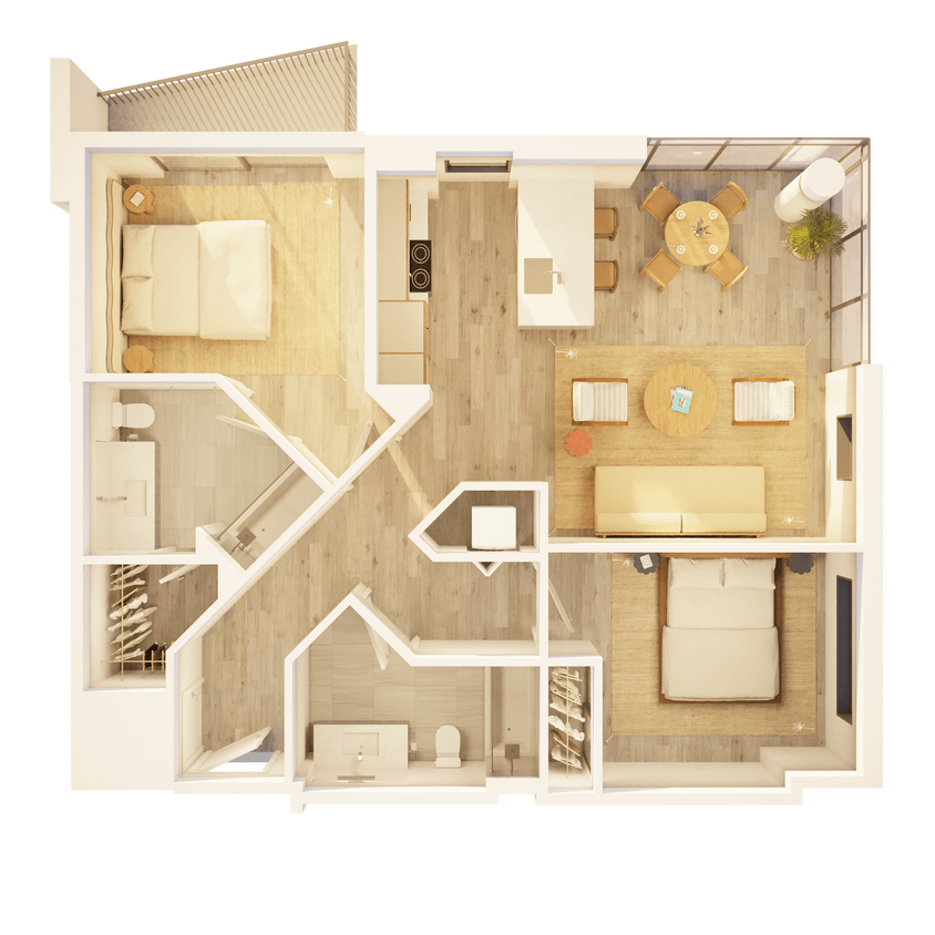 Floor Plan - West 2 BR Corner Balcony Sunset