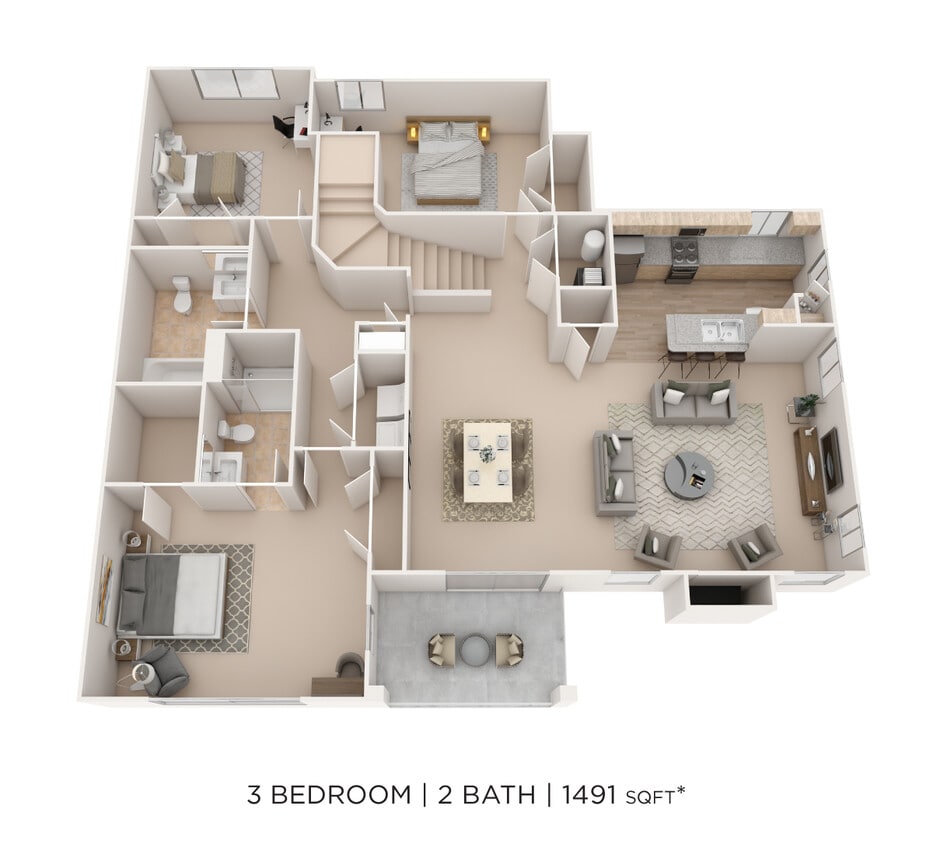 Floor Plan - Three Bedroom 2 Bath- 1491 sqft