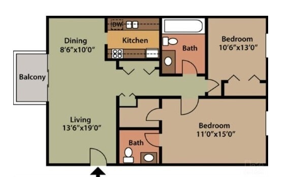 Floor Plan - Two Bedroom One and One Half Bath Apartments