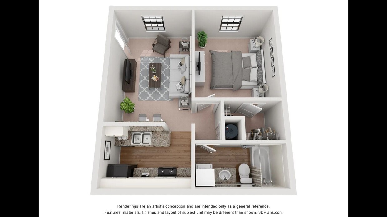 A photo of our 1x1 floor plan, The Oakwood. - The Oakwood