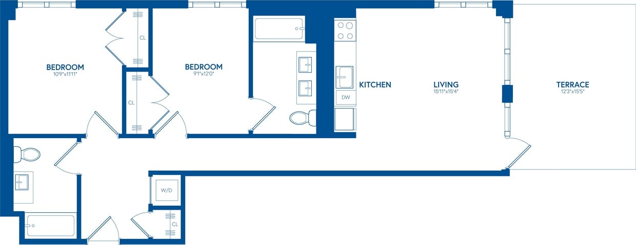 Floor Plan - 2 Bedroom, 2 Bath, Terrace - PH211